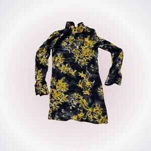Milly Georgette silk mock turtleneck yellow and black watercolor floral print be